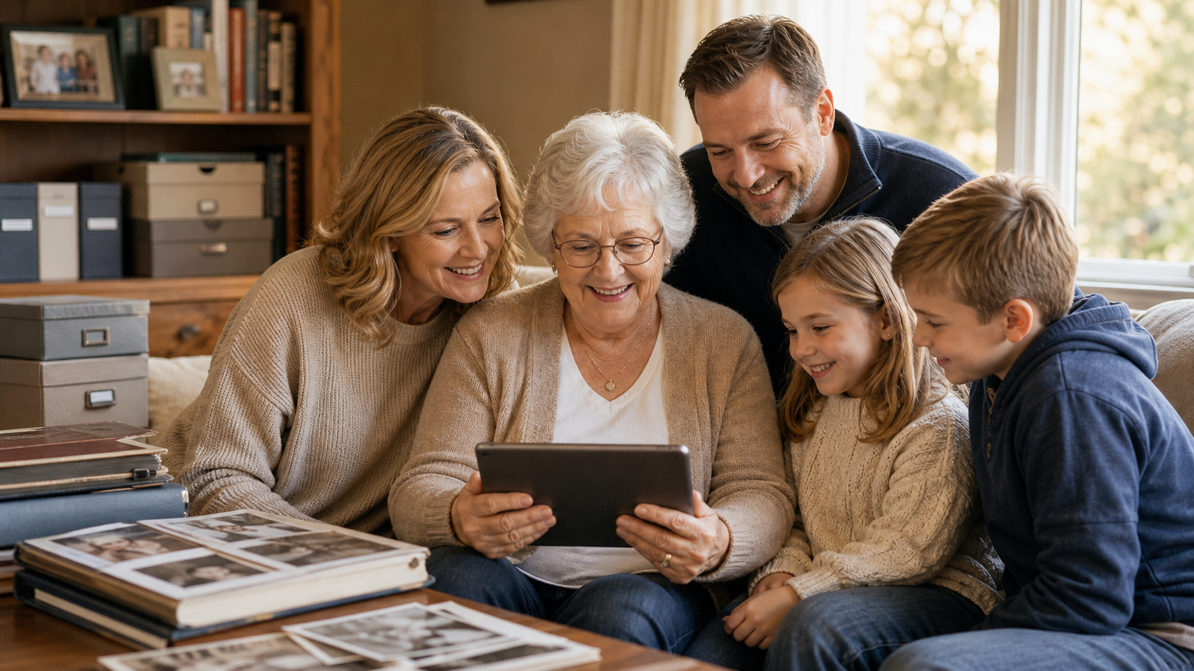Family gathered with grandmother looking through preserved family memories