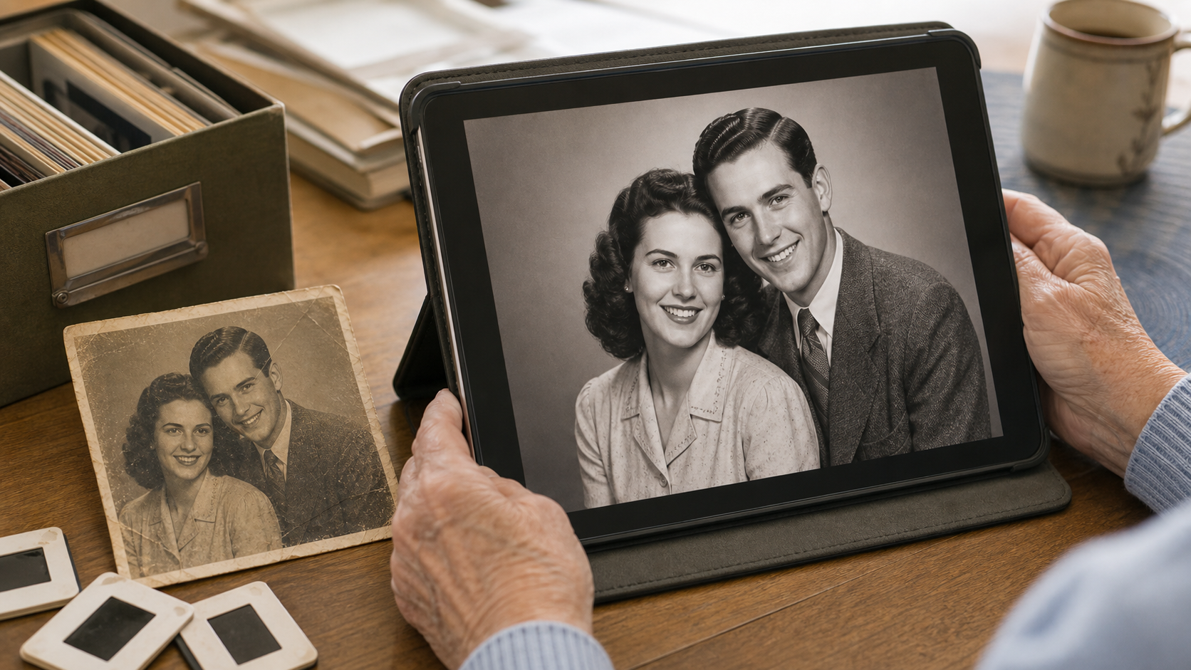 Old family photo digitized and restored on a tablet screen